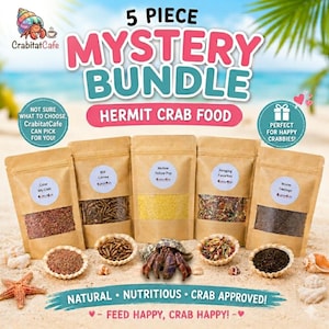 May include: A 5-piece mystery bundle of hermit crab food. The image shows five brown paper bags with different types of food, including "Color My Crab," "BSF Larvae," and "Mellow Yellow Pop." The text reads "Natural, Nutritious, Crab Approved!"