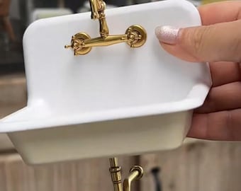 1/6 Scale Vanity Sink Miniature Faucet Mini Freestanding Sink with Metal Legs for Barbie House