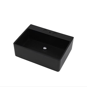 May include: A black rectangular ceramic vessel sink with a single drain hole and two overflow holes.