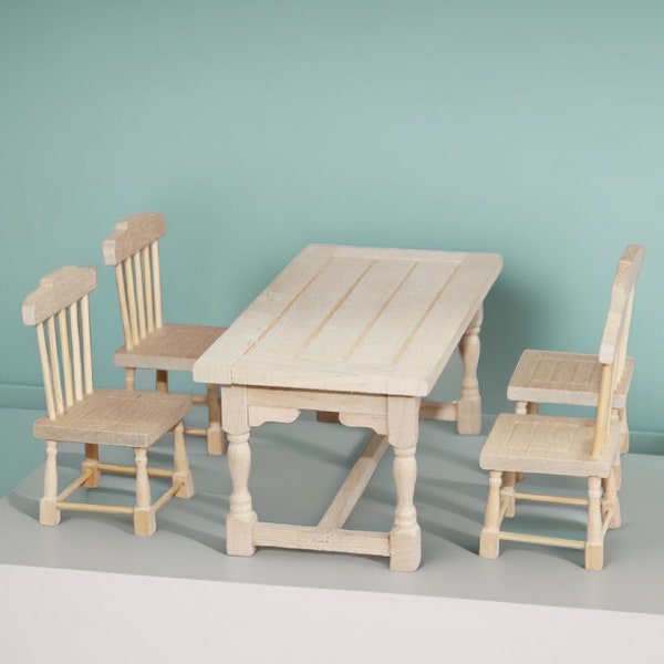 Échelle 1:12 Dollhouse miniature table de cuisine chaise en bois miniature chaise et table de salle à manger non peintes