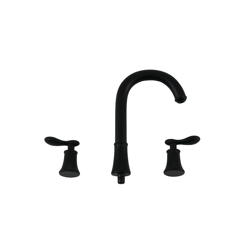 May include: Black bathroom faucet with two handles and a high arc spout.