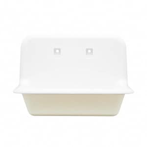 May include: A white, rectangular wall-mounted sink with a rounded top and a slightly off-white basin. The sink has two square mounting holes near the top. The design is simple and modern, suitable for a bathroom or utility space.