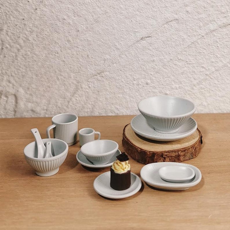 Tableware Mini 7pcs/set Miniature Plate Set Dollhouse Kitchen Dinnerware Set Mini Bowl ...