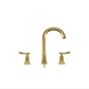May include: Gold-toned bathroom faucet with two handles and a curved spout.