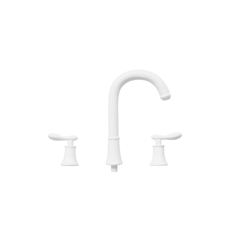 May include: White bathroom faucet with two handles and a curved spout.