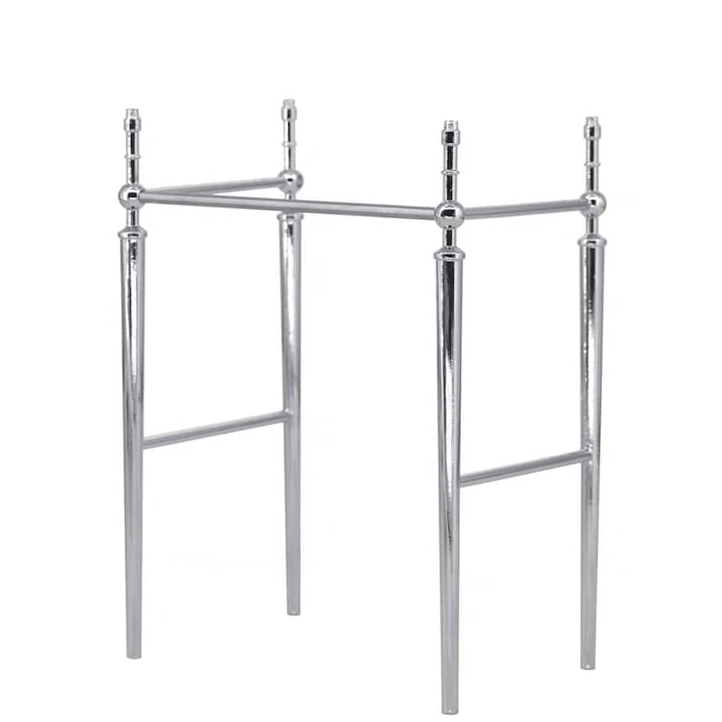 May include: A polished chrome vanity base with four vertical supports connected by horizontal bars. The supports have a tapered design and decorative ball accents. The base is designed to support a sink.