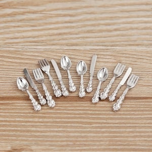 Dollhouse Metal Fork, Miniature Spoon For Dolls 1/12 Scale Doll house Kitchen Utensil Set of 12 Pieces