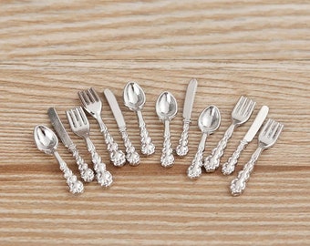 Dollhouse Metal Fork, Miniature Spoon For Dolls 1/12 Scale Doll house Kitchen Utensil Set of 12 Pieces