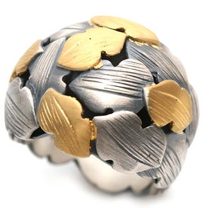 Handcrafted Gomaru Silver Ring: 24K Gold Leaf, Korean Jewelry