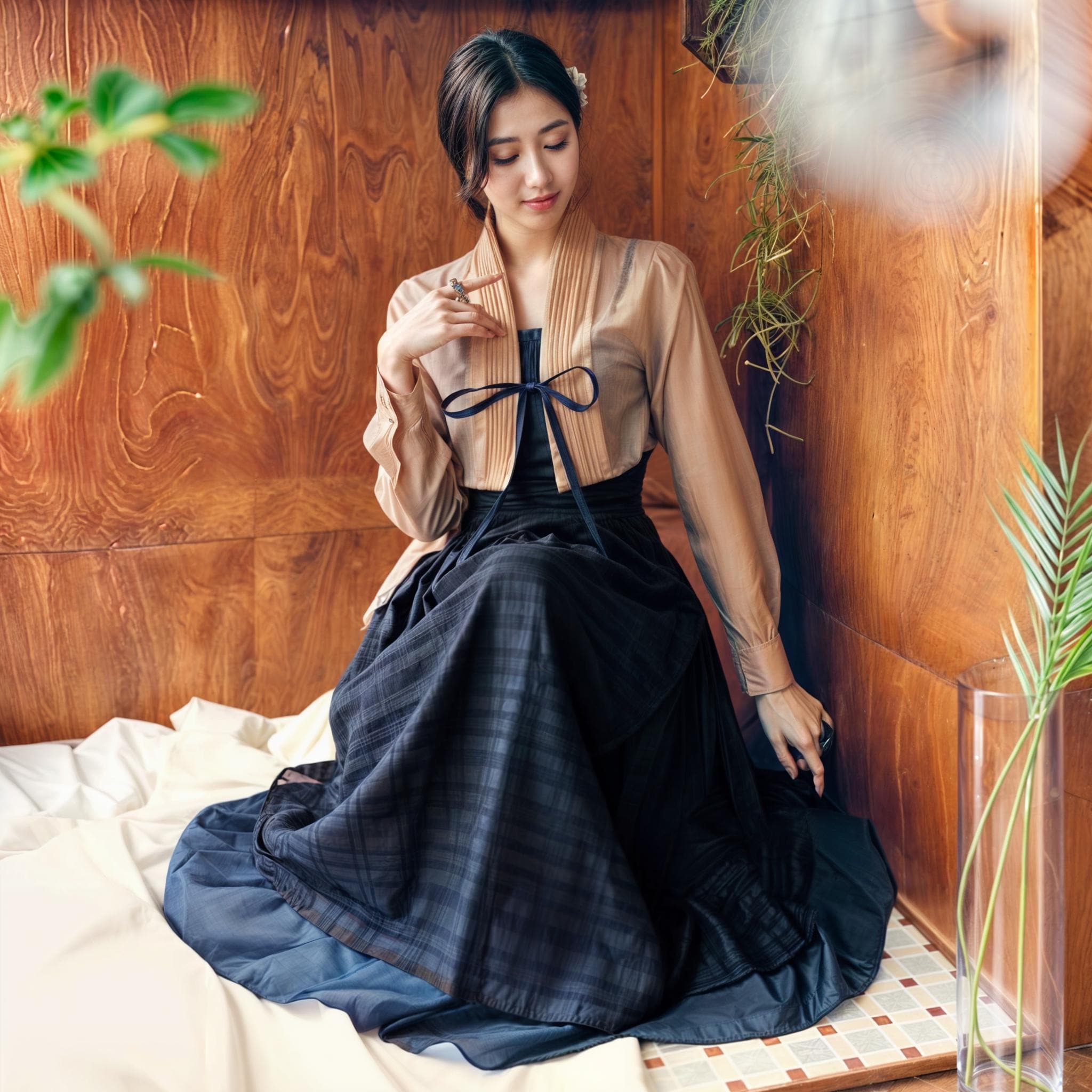 modern hanbok dress Beige Floral Lace in Light Green, F toned square collar tops a fitted bodice Seoul Fashion Designer Adds Modern