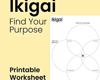 Ikigai Printable Worksheet | Life Purpose PDF | Self-Improvement Venn Diagram | Instant Download | US Letter & A4 | Simple Minimalist Design