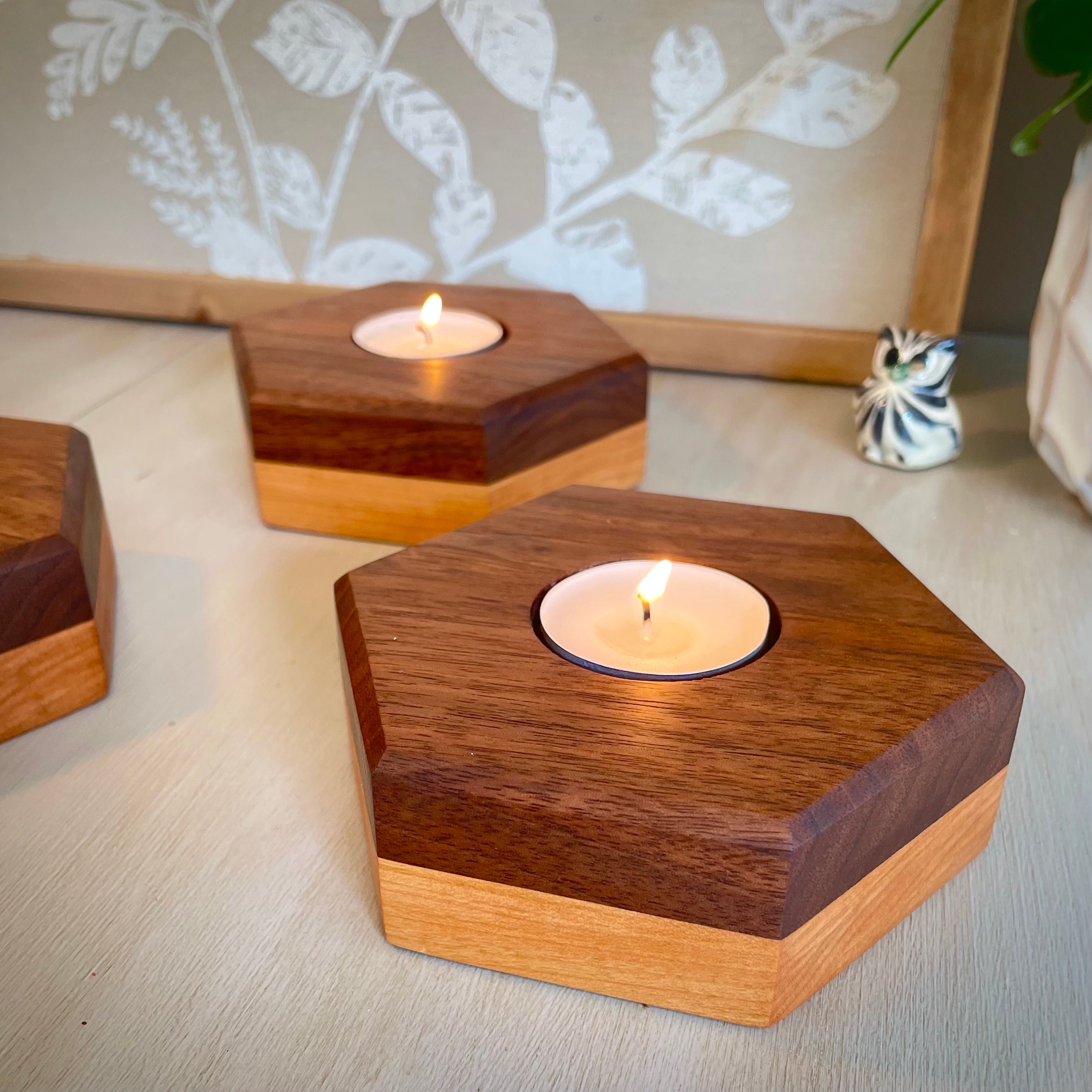 Set of 3 Hardwood Tea Light Candle Holders, Wood Candle Holder Set