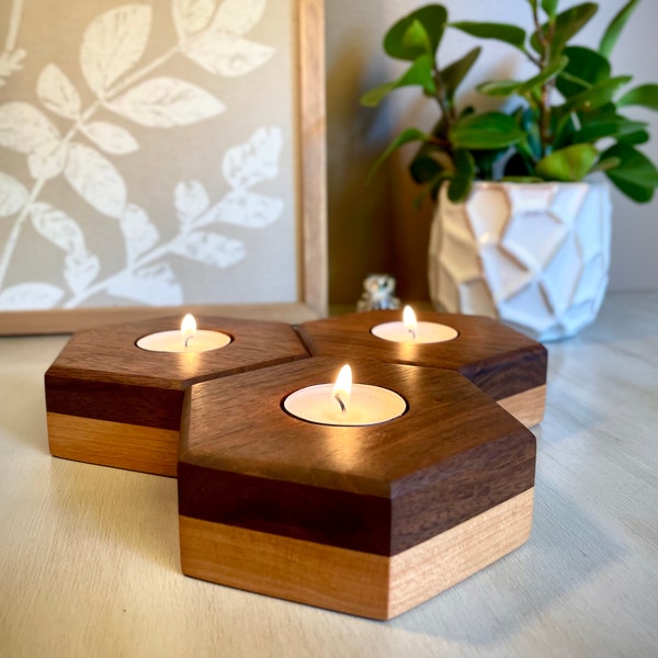 Set of 3 Hardwood Tea Light Candle Holders, Wood Candle Holder Set, Hexagon Candle Holder, Modern Candle Holder, Housewarming Gift