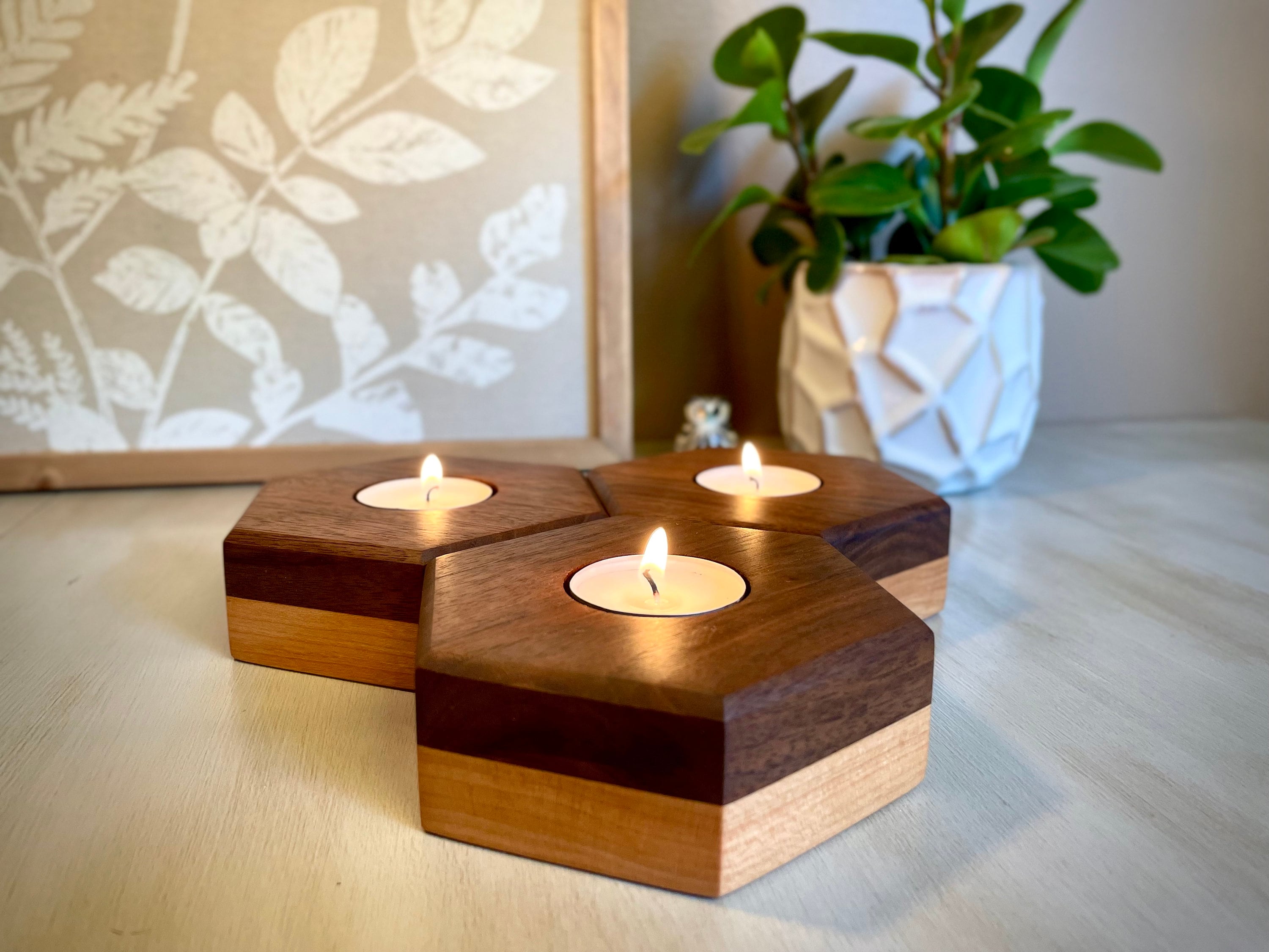 Set of 3 Hardwood Tea Light Candle Holders, Wood Candle Holder Set