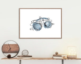 Optometry Line Art, Trial Frame, Eye Exam, Office Decor, Blue Watercolor Wall Art