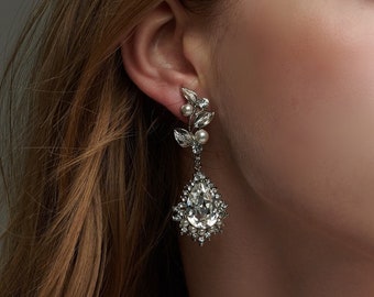 Crystal Leaf Bridal Earrings, Bridal Wedding Earrings, Swarovski Crystal Earrings, Swarovski Teardrop Earrings, Leaf Vine Bridal Jewelry