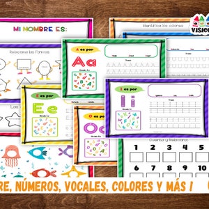 Educational Spanish Activity Book For Preschool Kids, Personalized Name, Vowels, Numbers, Colors, Emotions and Geometric Shapes
