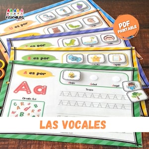 Spanish vowels, writing uppercase and lowercase letters, matching with the initial sound of pictures, home schooling, teaching vowels