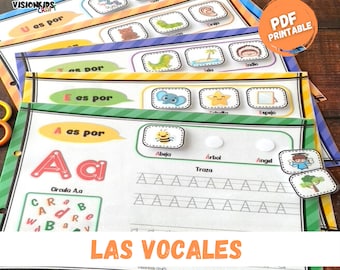 Vocales en español, escritura de letras mayúsculas y minúsculas, coincidencia con el sonido inicial de imágenes, educación en casa, enseñanza de vocales.