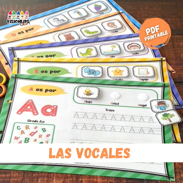 Spanish vowels, writing uppercase and lowercase letters, matching with the initial sound of pictures, home schooling, teaching vowels