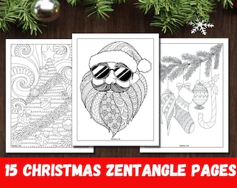 Könnte beinhalten: Ein Satz von drei schwarz-weißen druckbaren Malvorlagen mit weihnachtlichen Zentangle-Designs. Die Designs beinhalten einen Weihnachtsbaum, den Weihnachtsmann mit Sonnenbrille und einen Strumpf, einen Christbaumschmuck und einen Zuckerstock.