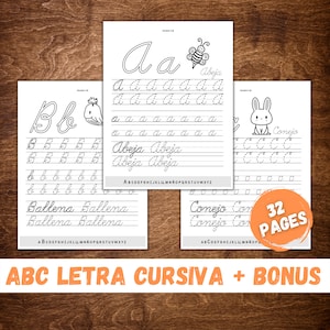 Spanish Alphabet Cursive worksheets for kids + bonus: Tracing Sheets and coloring pages for toddlers, Printable Handwriting Practice
