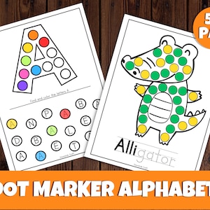 Actividad del alfabeto con marcadores de puntos, páginas para colorear con marcadores de puntos de animales con 56 páginas imprimibles, puntos grandes guiados fácilmente, libro de actividades para niños pequeños