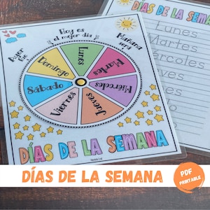 Spanish Days of the week, spinner wheel, worksheet printable, Montessori calendar practice, homeschool printable, learn the days, preschool