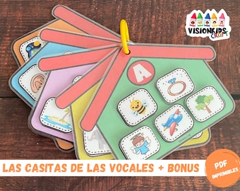 Las casitas de las vocales, juego educativo en español, además de fichas de escritura a mano, a todo color