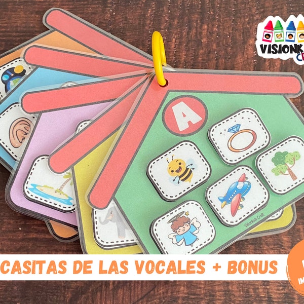 The little houses of the vowels, educational game in Spanish, plus handwriting worksheets, full color