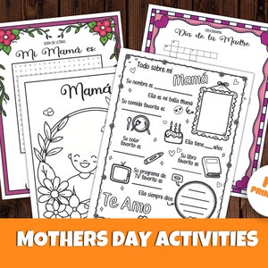 Juegos y actividades en español imprimibles para el Día de la Madre, Juegos de fiesta para mamá, Todo sobre mamá, Búsqueda de palabras, Regalo de retrato de dibujos animados de niños
