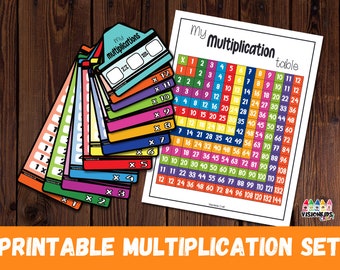 May include: A printable multiplication table set with colorful cards featuring multiplication facts from 1 to 12. The set includes a large multiplication table chart with numbers in black and white.