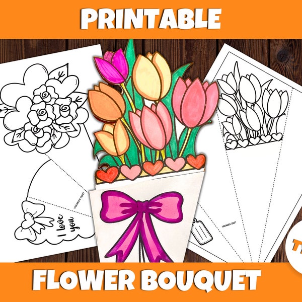 Mother's Day Coloring Card, Flower Bouquet Printable, Activity Mothers Day, Bouquet card for Mom, Tulip Bouquet printable, DIY Mom Gift