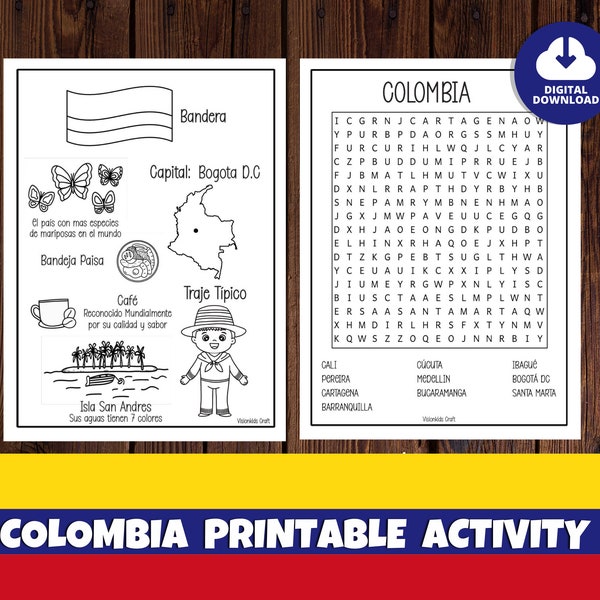 Colombia Word Search for Kids, Colombia Coloring Pages, Printable Activity, Hispanic Heritage, Fun fact for Children, Colombian Cities