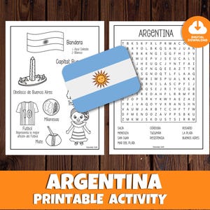 Argentinien Wortsuch- und Ausmalseite für Kinder, Lustige Fakten für Kinder auf der ganzen Welt, spanische Aktivität zum Ausdrucken, spanisches Erbe