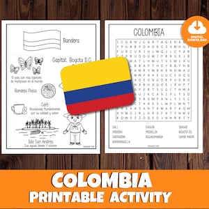 コロンビアの子供向けワードサーチ、コロンビアの塗り絵、印刷可能なアクティビティ、ヒスパニックの伝統、子供向けの楽しい事実、コロンビアの都市