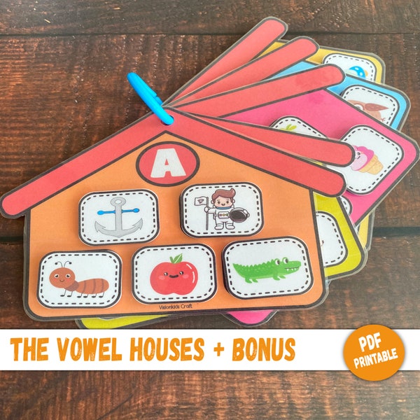 The little houses of the vowels, educational game for toddlers,learning vowels,vowels chart printable plus handwriting worksheets,full color