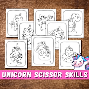 Habilidades de tijeras de unicornio, 20 páginas para colorear. Tijeras y práctica de colorear para niños, Hojas de trabajo de corte Montessori