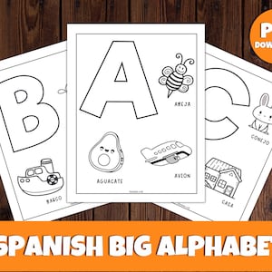 Spanish Big Alphabet, Printable Activity, A-Z animals coloring pages, Spanish ABC Coloring book, Coloring Big letter for bilingual kids