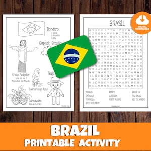 Sopa de letras y página para colorear de Brasil para niños, datos divertidos para niños de todo el mundo, actividad imprimible en español, estudio de países