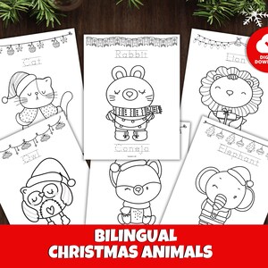 Christmas Printable for Kids, Bilingual Color & Trace Activity Spanish and English for Children, Holiday Animals Coloring Pages Learning Fun