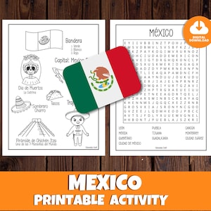 Mexico Word Search and Coloring Page for kids, Fun Facts for Children Around The World,  Printable Spanish Activity, Hispanic Heritage