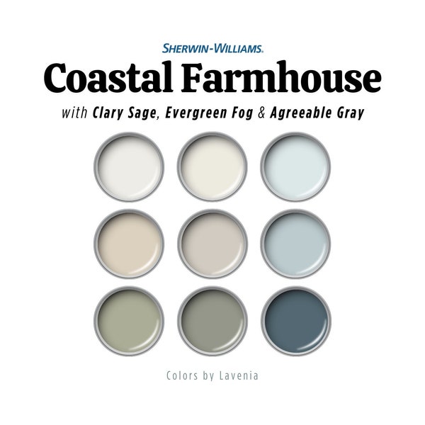 Küstenbauernhaus-Farbpalette, Sherwin Williams Bauernhaus-Farbfarben, Strandhausfarben, angenehmes Grau, immergrüner Nebel und Muskatellersalbei.