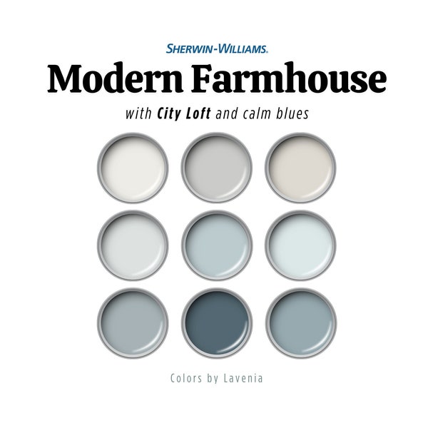 Sherwin Williams Modern Farmhouse Paint Color Palette with City Loft, Coastal Farmhouse, Calm Blue Beach House Palette