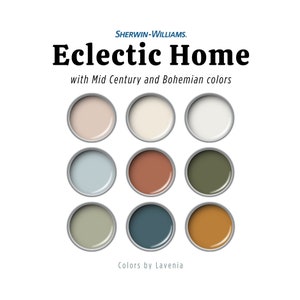 Eclectic paint palette, Sherwin Williams colors, Mid Century Modern and Boho colors for living room, kitchen cabinet, accent wall, bedroom