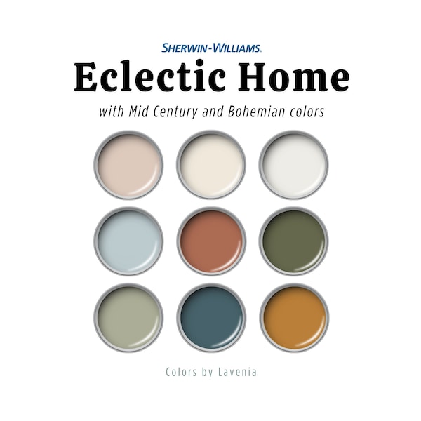 Eclectic paint palette, Sherwin Williams colors, Mid Century Modern and Boho colors for living room, kitchen cabinet, accent wall, bedroom