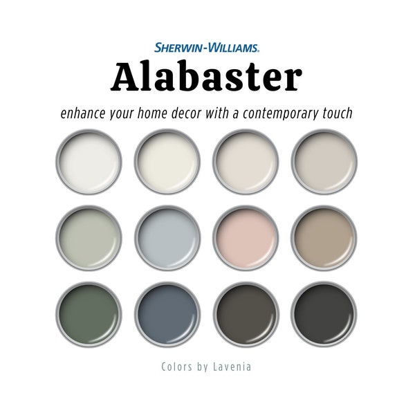 Sherwin Williams Alabaster paint color palette, warm white modern scheme for living room, bedroom, kitchen, coastal farmhouse, beach house