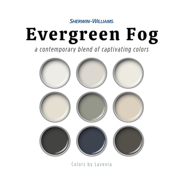 Evergreen Fog paint color palette, Sherwin Williams green paint color for bedroom and kitchen, Modern Farmhouse, Beach House, Scandinavian