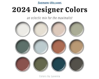 2024 eclectic color palette for the maximalist, Sherwin Williams jewel tones, Mid Century Modern, Bohemian Boho, Art Deco, Rustic Farmhouse.