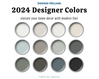 2024 color palette, Sherwin Williams paint palette, home color palette, interior scheme, living room, kitchen cabinet, accent wall, bedroom.